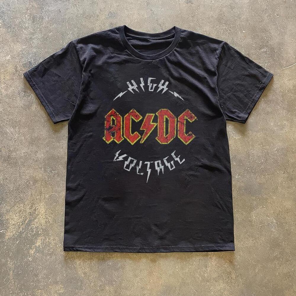 Black Ac Dc Band Tee With Bold Red And White Graphics